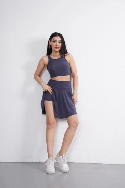 MetuCA Set de două piese Sendy Kumaş Cu Guler Rotund Crop Şorturi Fustă - Antracit
