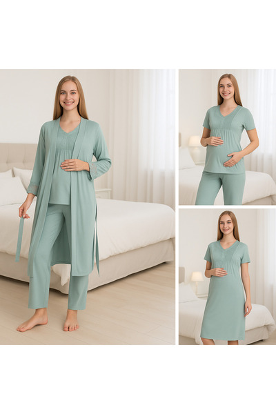 Miss Dünya Lissa Maternity and Postpartum Pajama Set with Green Lace Detail and Morning Dress Suitable for Breastfeeding
