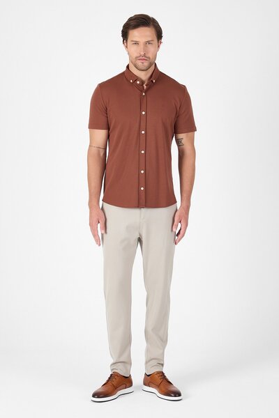 İmza Tile Short Sleeve Button Collar No Pocket Performance Product Slim Fit Shirt 1004250256