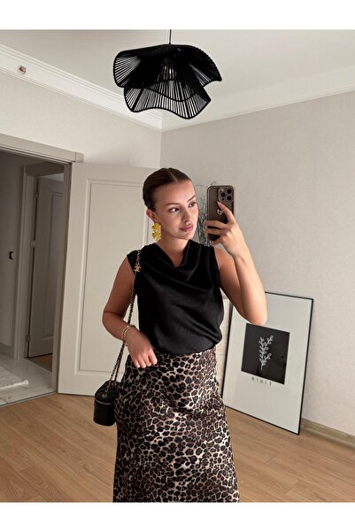 BAŞARAN Degaje Collar Black Satin Blouse