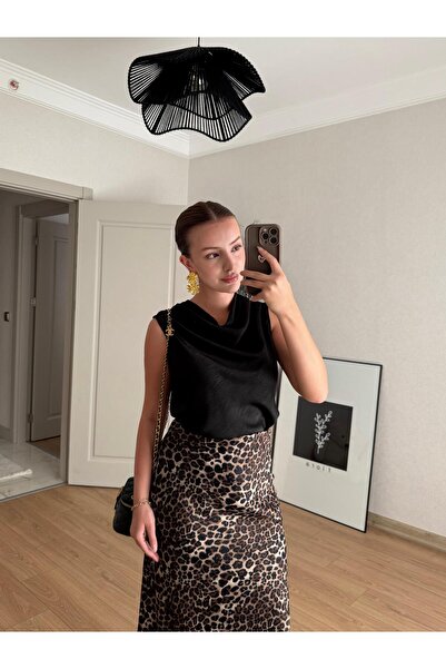 BAŞARAN Degaje Collar Black Satin Blouse