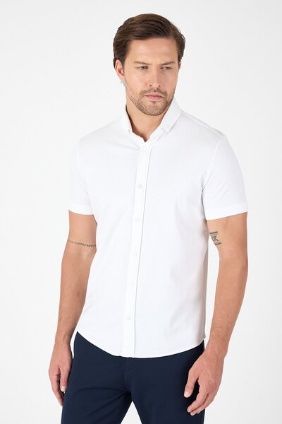 İmza White Short Sleeve Button Collar No Pocket Performance Product Slim Fit Shirt 1004250256