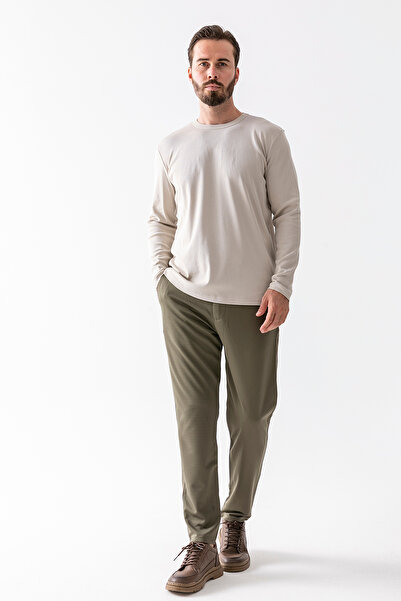 JB John Borners Men's Elastic Waist Tie Detail 100% Cotton Jogger Trousers Khaki - 25088