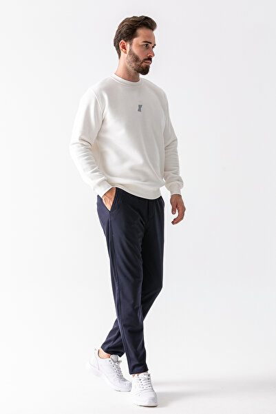 JB John Borners Men's Elastic Waist Tie Detail 100% Cotton Jogger Trousers Navy Blue - 25088