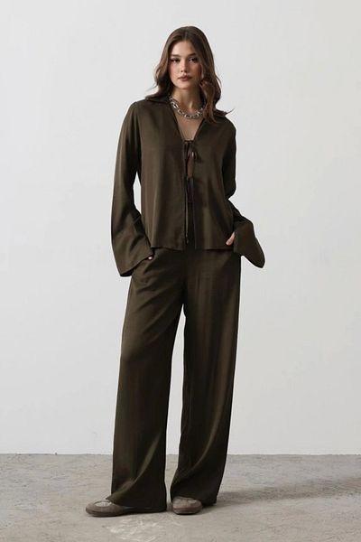 MetuCA Front Bias Blouse and Trouser Set - Khaki