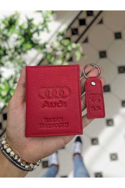 VİSSO AUDI Araç 1904 Hakiki Deri Kırmızı Renk Araç Ruhsat Kılıfı İsme Özel Çanta Ve Anahtarlık