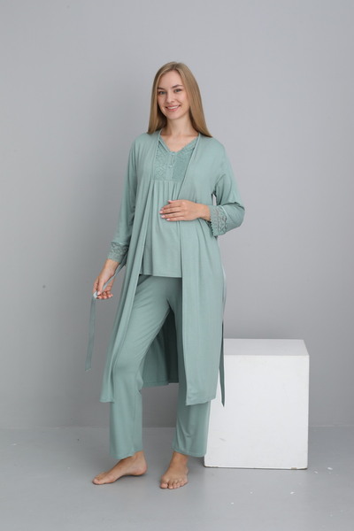 Miss Dünya Lissa Maternity and Postpartum Pajama Set with Green Lace Detail and Morning Dress Suitable for Breastfeeding