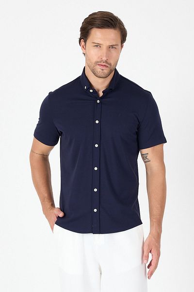 İmza Dark Navy Blue Short Sleeve Button Collar Pocketless Performance Product Slim Fit Shirt 1004250256