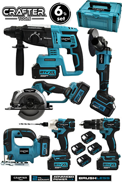 CRAFTERTOOLS Profesyonel 21 V Çelik Şanzuman Kömürsüz Motor 6'Lı Makine Seti
