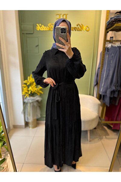 Nuss İpek Cupra Elbise Kemer Detaylı 2044 Siyah