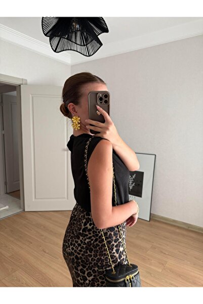 BAŞARAN Degaje Collar Black Satin Blouse