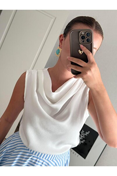 BAŞARAN Degaje Collar Ecru Satin Blouse