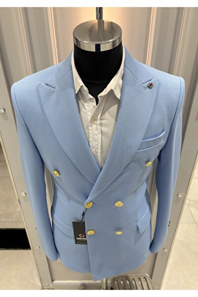 SABRİ ZENGİN Erkek Mavi Kruvaze Slim Fit Blazer Ceket