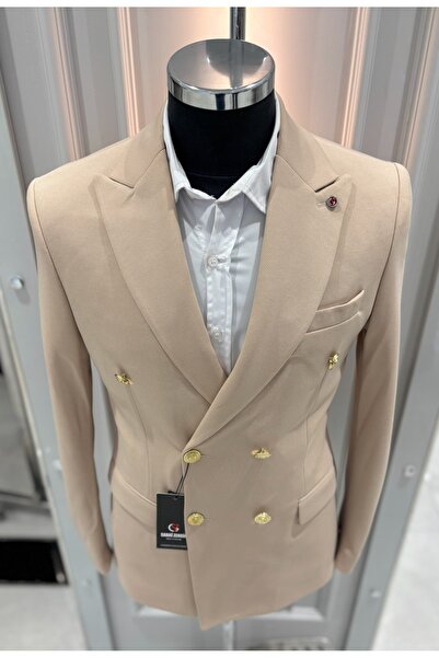 SABRİ ZENGİN Erkek Bej Kruvaze Slim Fit Blazer Ceket