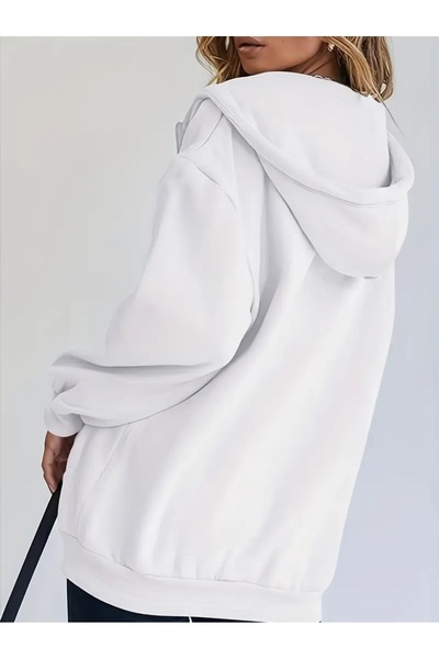 Touz Moda Gothic Printed Oversize Zippered White Unisex Hooded Cardigan