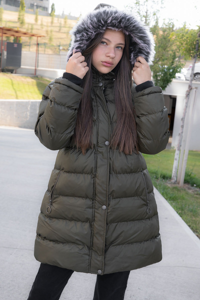 Cansın Mini Haki İçi Kürklü Çıtçıtlı Kapüşonlu Kız Çocuk Şişme Mont 21318