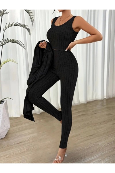MetuCA Women's Round Neck Strap Crop Blouse High Waist Leggings and Long Cardigan Shardonlu Camisole Three-Piece Suit