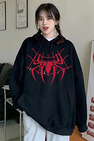 Harajuku Style Hanorac negru SPIDER din pânză de păianjen