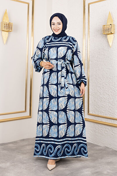 Tesettür Dünyası İstiridye Desenli Viskon Uzun Tesettür Elbise TSD250212 Mavi