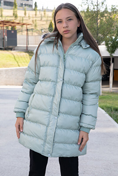 Cansın Mini Yeşil İçi Kürklü Çıtçıtlı Kapüşonlu Kız Çocuk Şişme Mont 21324