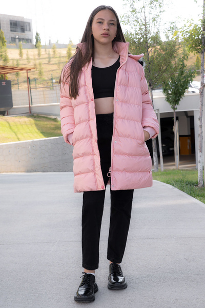 Cansın Mini Salmon Inside Snap Hooded Girl's down Jacket 21320
