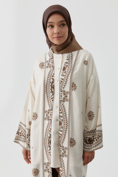Tuğba Desenli Kemerli Kimono - Kahve