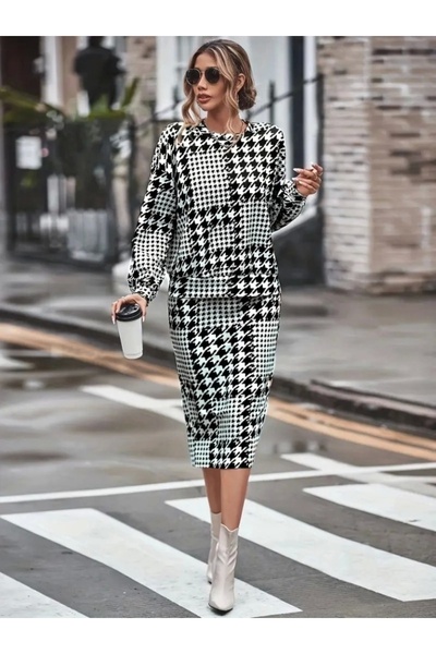 MetuCA Women's Long Sleeve Crew Neck Raised Diving Blouse and Slit Midi Skirt Suit