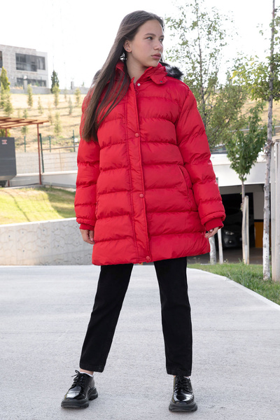 Cansın Mini Red Fur Inside Snap Fastener Hooded Girl's down Jacket 21321