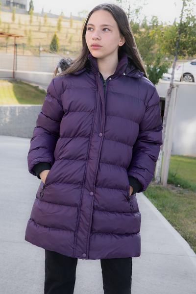 Cansın Mini Purple Fur Inside Snap Hooded Girl's down Jacket 21325