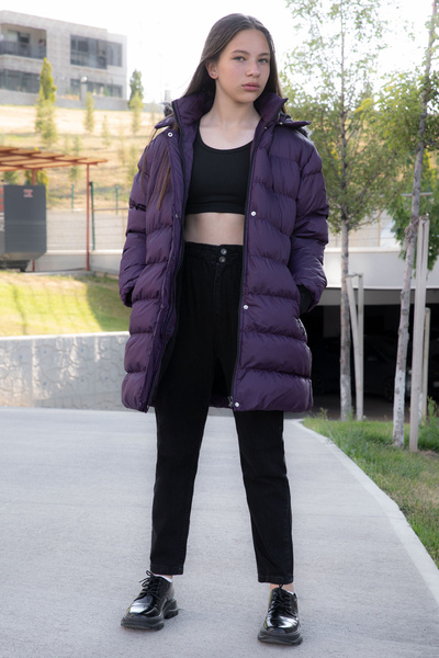 Cansın Mini Purple Fur Inside Snap Hooded Girl's down Jacket 21325