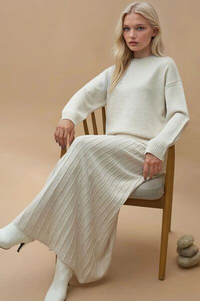 Hiccup Textured Basic Sweater & Flared Midi Skirt Knitwear Set