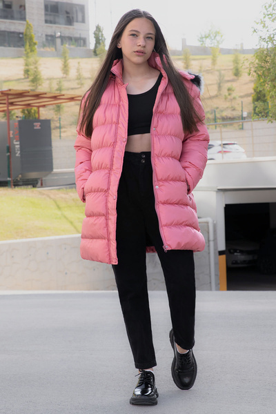 Cansın Mini Ροζ γούνινο παλτό για κορίτσια με κουκούλα 21319