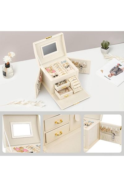 Vienev Large Jewelry Holder Organizer with Mirror, 3 Drawers for Bracelets, Earrings, Rings, Necklaces