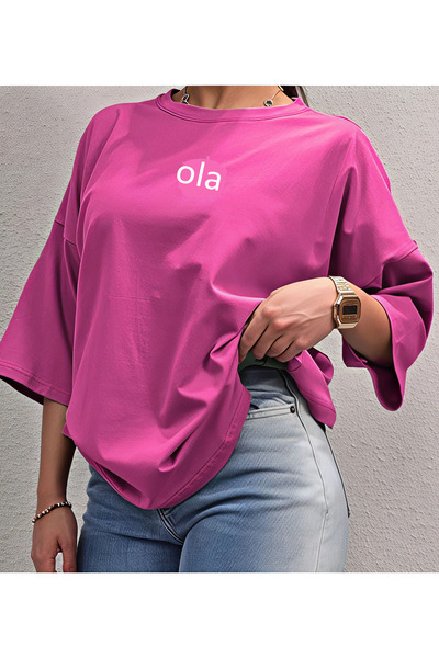 LAND MODA Printed Letter Cotton Oversize Women's Tshirt Large Size
