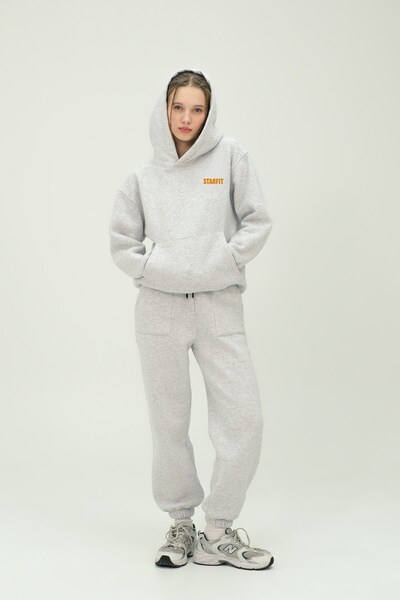 The Champ Clothing Oversize Unisex Tracksuit Set Gray Melange - 3 Thread Raised Fleece, Full Orange Print on the Back