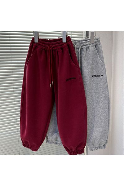 Generic Boys Elastic Waist Drawstring Striped Sweatpants, Monogram Print Kids Pants Red 110 (5 Years)