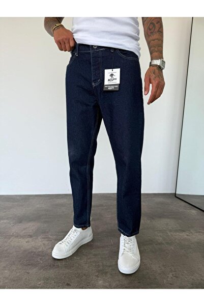 KağanKY جينز بوي فريند باللون الأزرق الداكن مع خياطة بيضاء