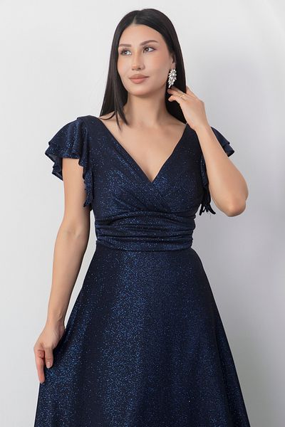 PULLIMM Sleeve Flounce Glitter Evening Dress 39925
