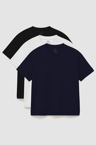 TOMMY LIFE Basic O Neck Large Size 3 Pack Black-White-Navy Blue Men's T-Shirt 88072