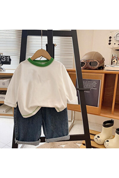 Generic Kids Long Sleeve Sweatshirt, Contrast Color Crew Neck Top White 120 (6Years)