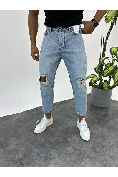 KağanKY جينز بوي فريند ممزق باللون الأزرق