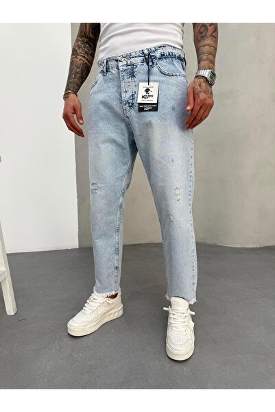 KağanKY بنطلون جينز بوي فريند مزين بشراشيب ممزقة من Snow Wash