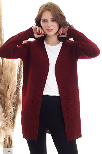 Marvine Women's Pocketed Long Sleeve Knitwear Cardigan Claret Red