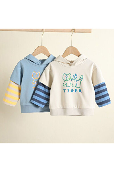 Generic Boys Playful Striped Hoodie Sweatshirt, Cartoon Print Kids Top Blue 110 (5 Years)