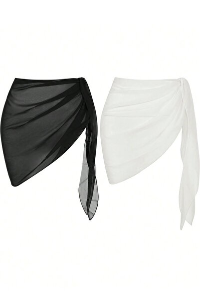 Genel Markalar Kadın Siyah Beyaz Transparan Belden Bağlamalı Pareo 2'li
