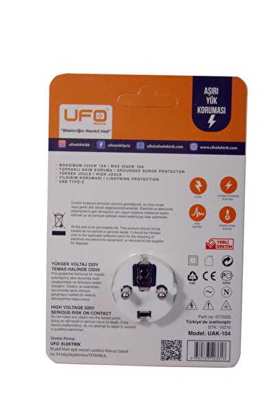 UFO Akım korumalı priz (tekli) anahtarlı (USB+type-c )beyaz renk termal 3000 watt 1. Sınıf kalite