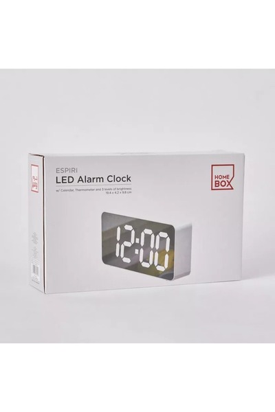 Home Box Espiri Mirror Front LED Alarm Clock with Thermometer and Brightness Level Controls - 19.4x4.2x9.8 cm