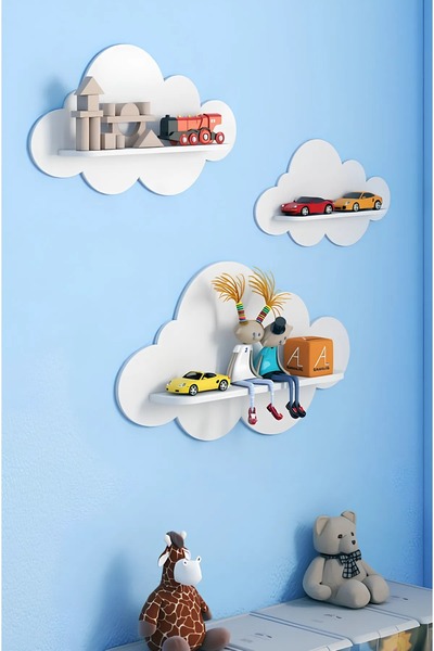 Numa Concept White Decorative 3-Piece Cloud Children's Room Wall Shelf Wall Decoration Product Each 30X18 cm