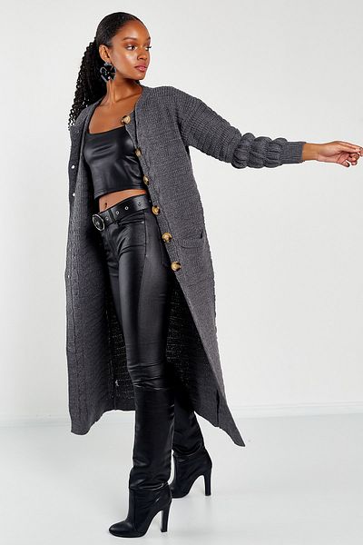 Hopoi Women's Hair Braided Crew Neck Button Maxi Cardigan