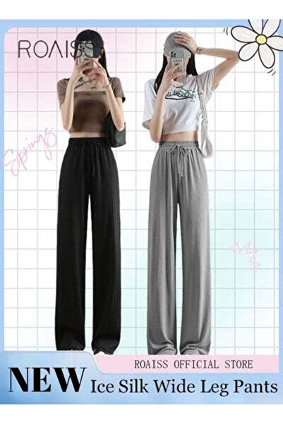 ROAISS 2 Piece Ice Silk Wide Leg Pants for Women Soft Trousers Ladies Mom's L...